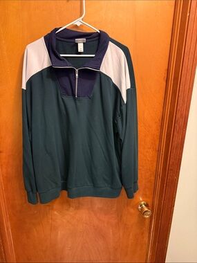 Ava & Viv Dark Green Quarter-Zip Sweatshirt with Navy and Light Gray Panels
